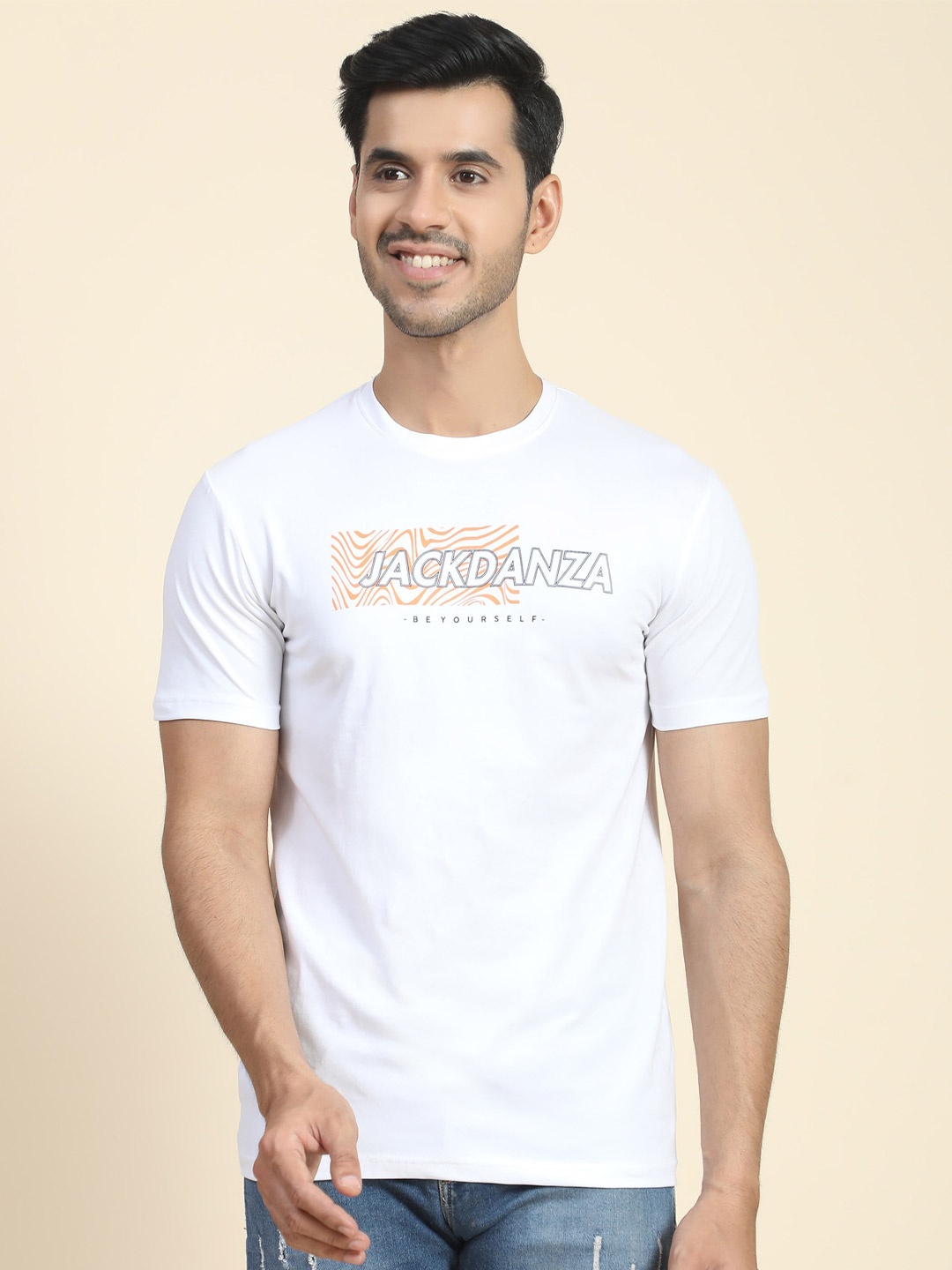 

JACKDANZA Typography Printed Regular Fit Cotton Casual T Shirt, White