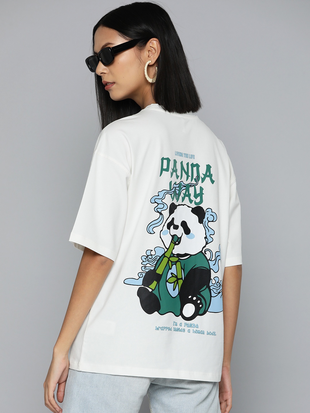 

VividArtsy Graphic Printed Oversized Drop-Shoulder Sleeves Longline T-shirt, Off white