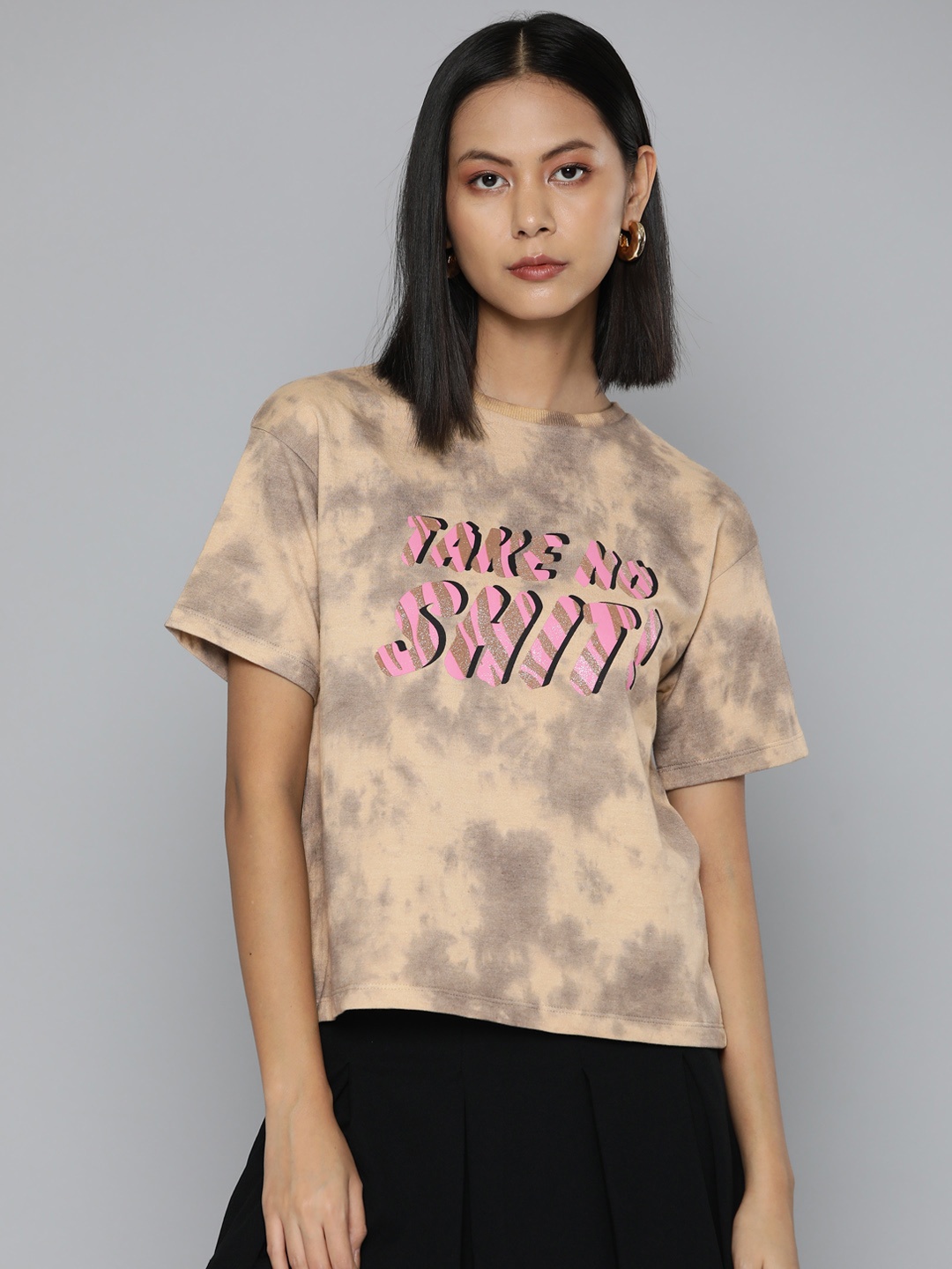 

VividArtsy Women Tie & Dye Printed Oversized Drop-Shoulder Sleeves T-shirt, Brown