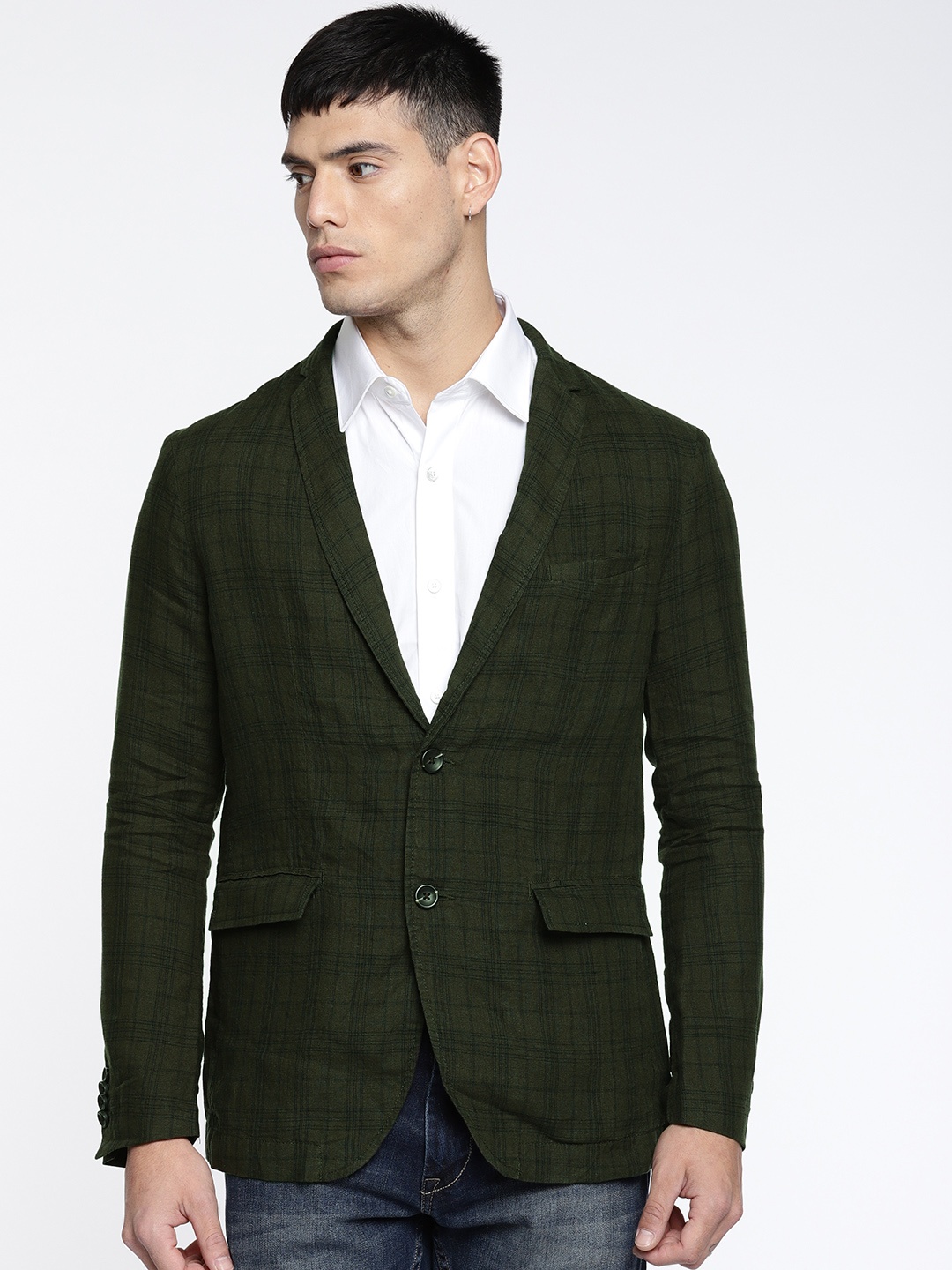 

Jack & Jones Olive Green Checked Single-Breasted Casual Blazer