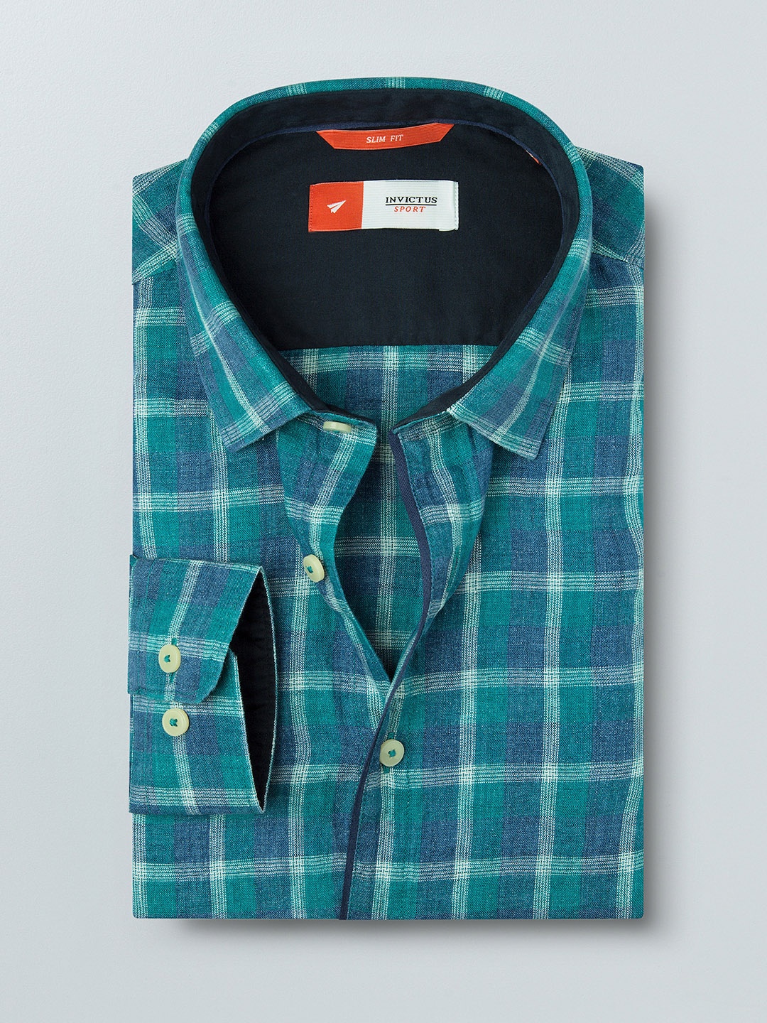 

INVICTUS Men Green & Blue Slim Fit Checked Pure Linen Casual Shirt