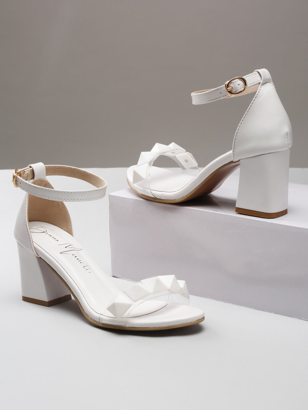 

Bruno Manetti Embellished Open Toe Block Heels, White