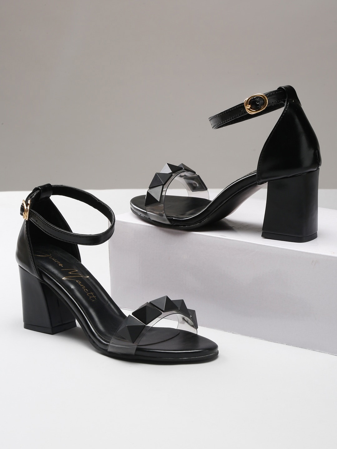 

Bruno Manetti Embellished Open Toe Block Heels, Black