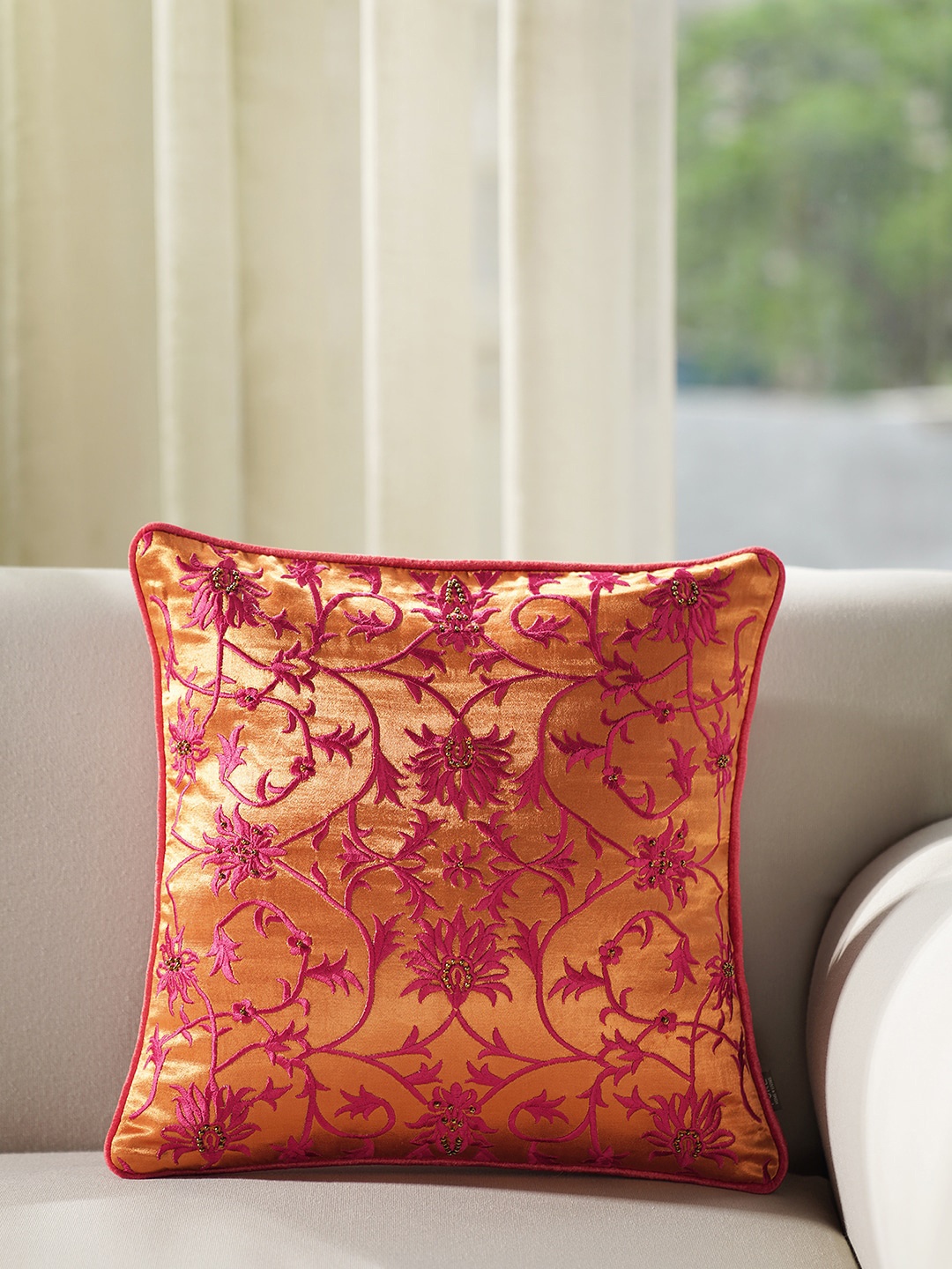 

Pure Home and Living Orange & Pink Embroidered Square Cushion Cover