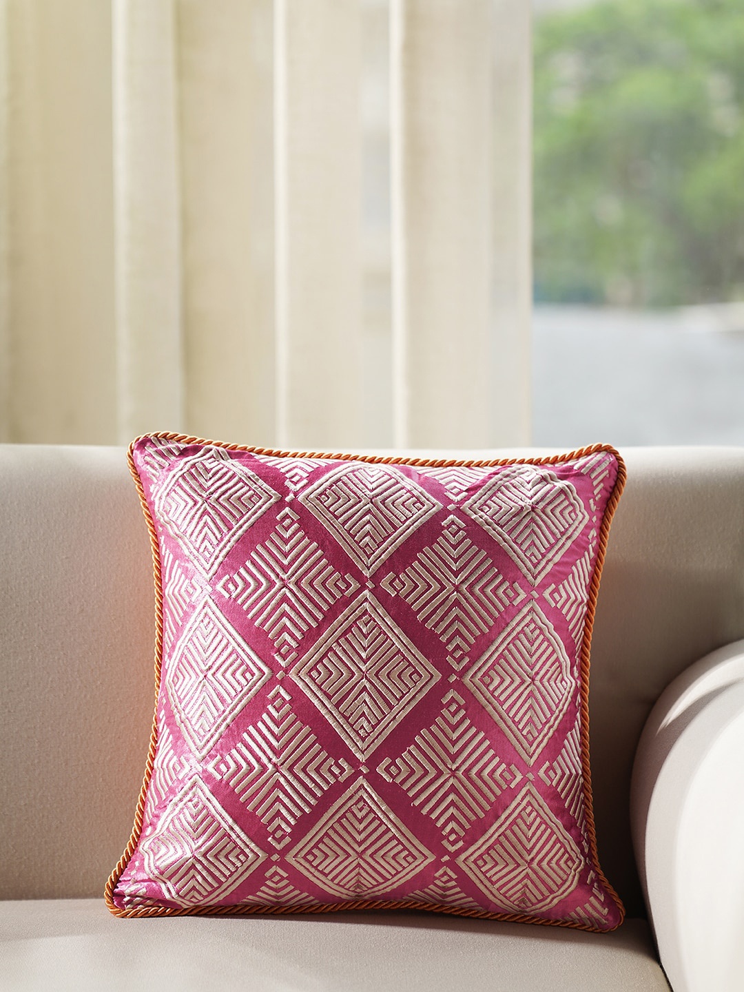 

Pure Home and Living Pink & White Embroidered Square Cushion Covers