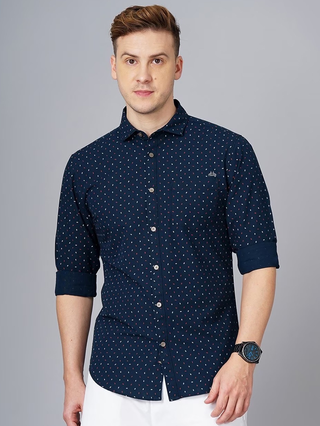 

British Club Micro Ditsy Printed Smart Slim Fit Pure Cotton Casual Shirt, Navy blue