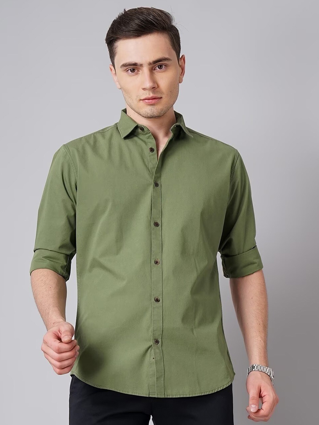 

British Club Smart Slim Fit Pure Cotton Casual Shirt, Olive