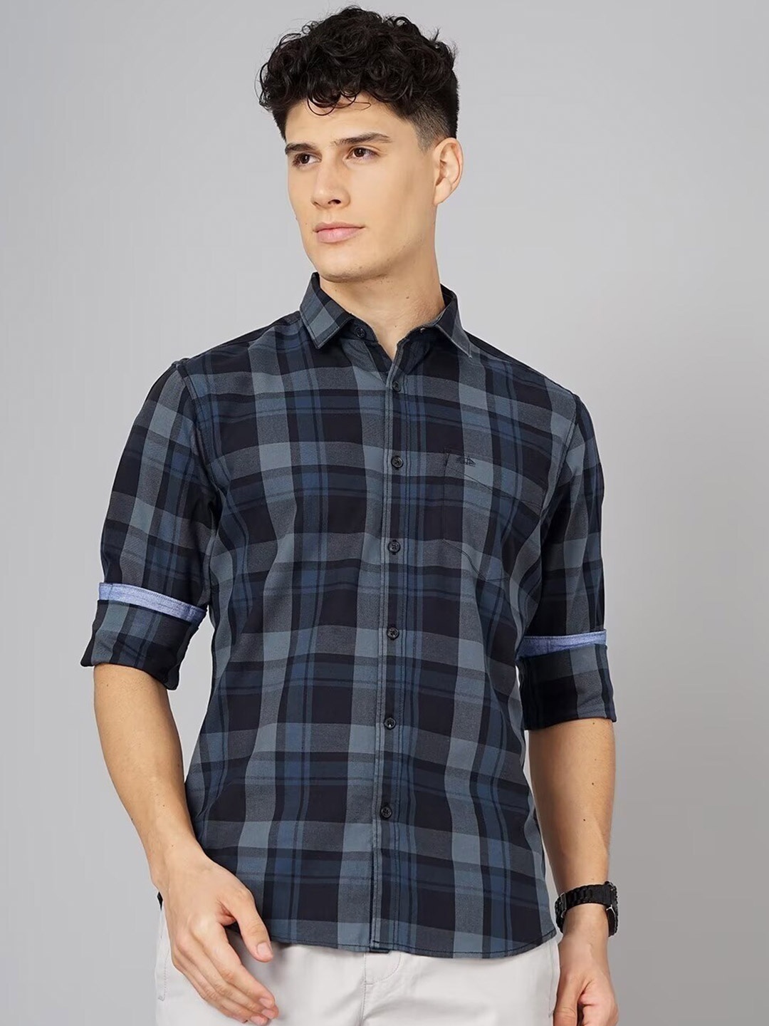 

British Club Smart Slim Fit Tartan Checked Pure Cotton Casual Shirt, Grey