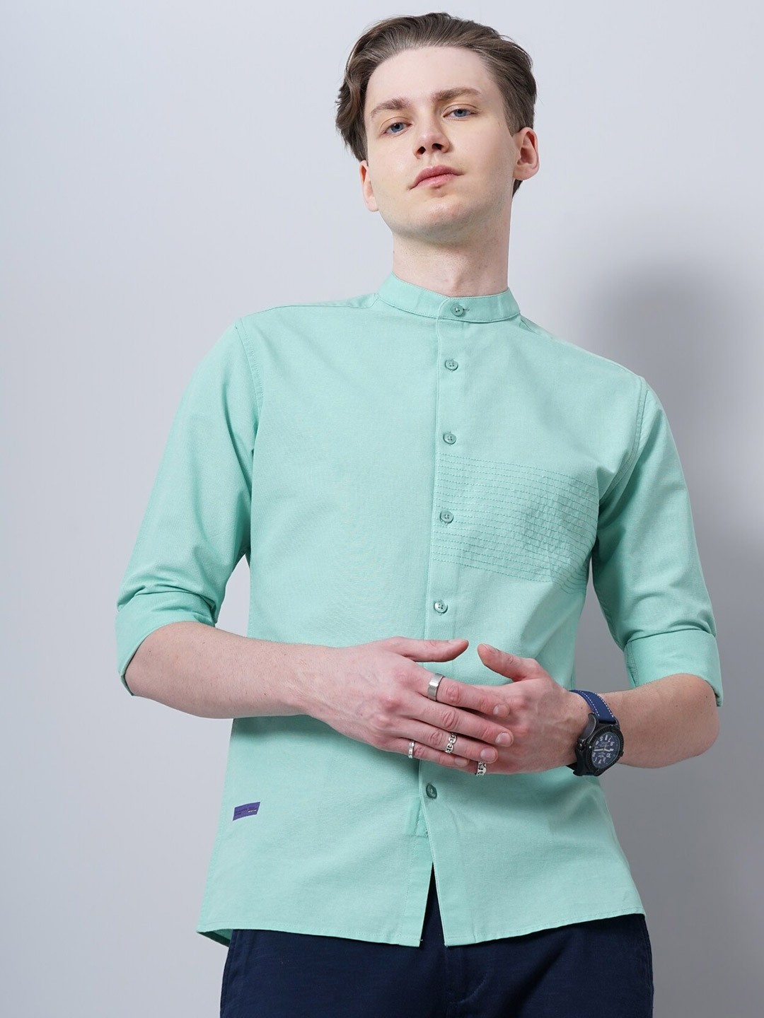 

British Club Smart Slim Fit Mandarin Collar Pure Cotton Casual Shirt, Green