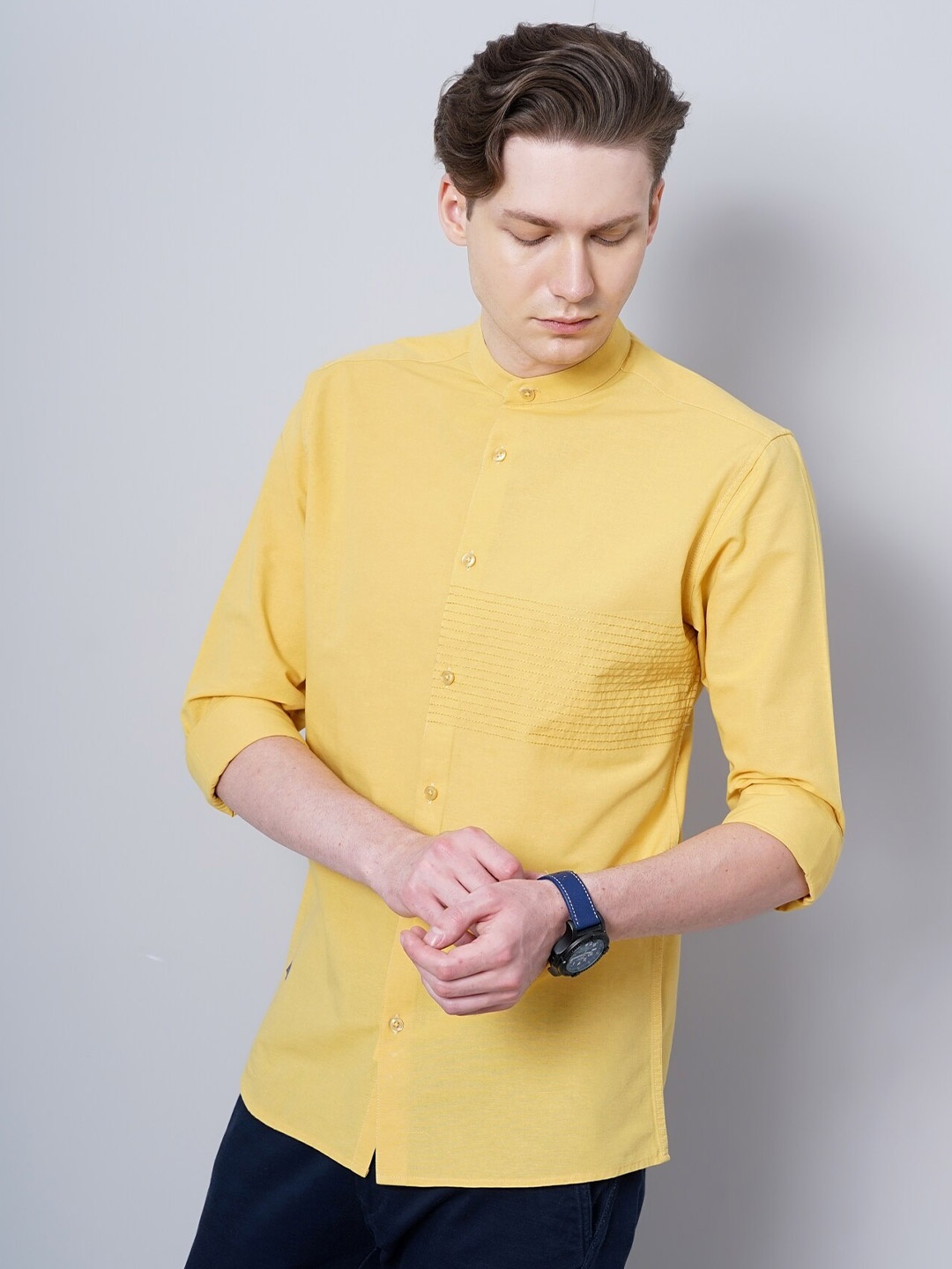 

British Club Smart Slim Fit Mandarin Collar Pure Cotton Casual Shirt, Mustard