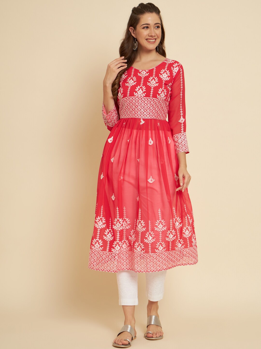 

HERE&NOW Pink & White Ethnic Motifs Chikankari Embroidered Anarkali Georgette Kurta