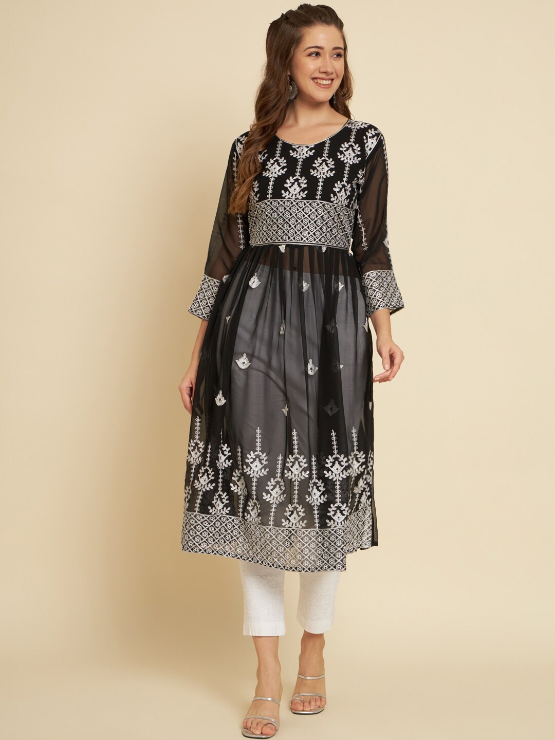 

HERE&NOW Black & White Ethnic Motifs Chikankari Embroidered Anarkali Georgette Kurta