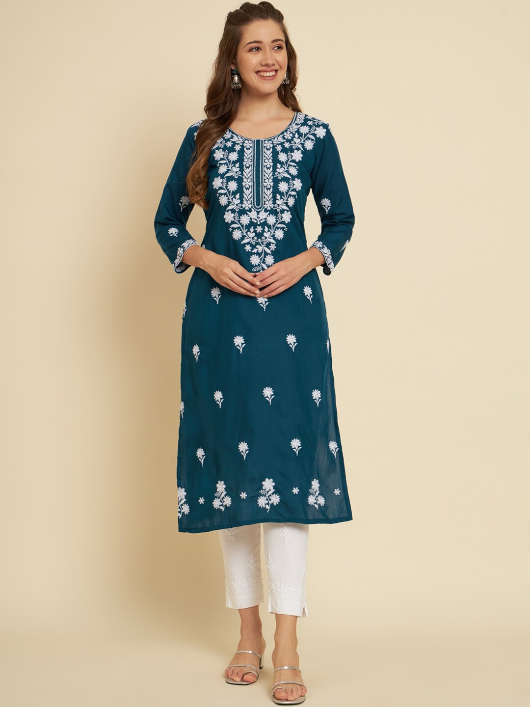 

HERE&NOW Teal Blue & White Ethnic Motifs Chikankari Embroidered Cotton Kurta