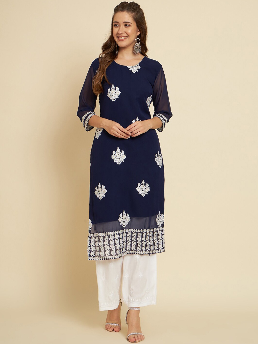 

HERE&NOW Navy Blue & White Ethnic Motifs Chikankari Embroidered Georgette Kurta