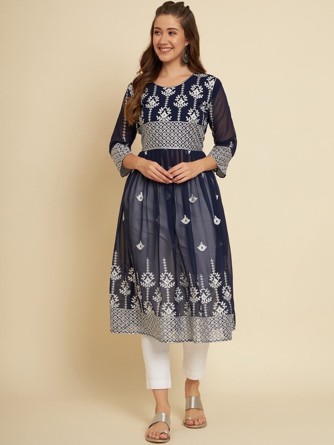 

HERE&NOW Navy Blue & White Ethnic Motifs Embroidered Georgette A-Line Kurta