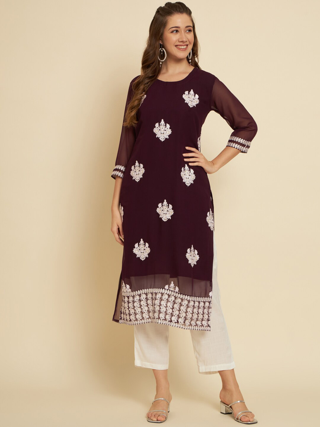 

HERE&NOW Purple & White Ethnic Motifs Chikankari Embroidered Georgette Kurta