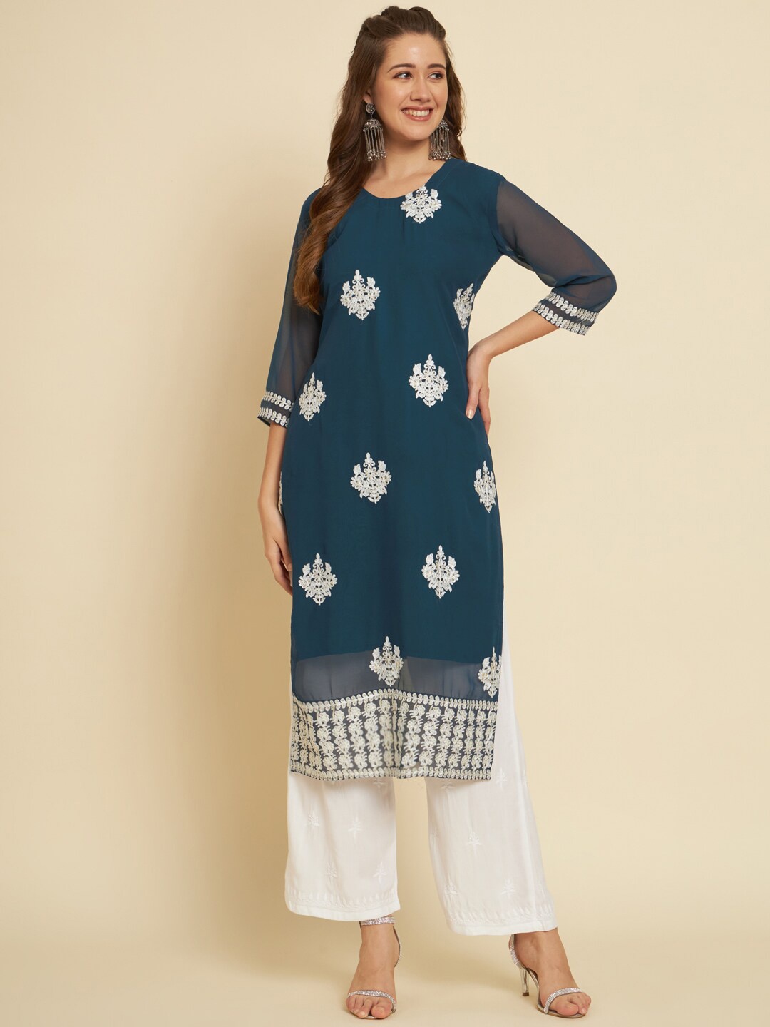 

HERE&NOW Teal Green & White Ethnic Motifs Chikankari Embroidered Georgette Kurta