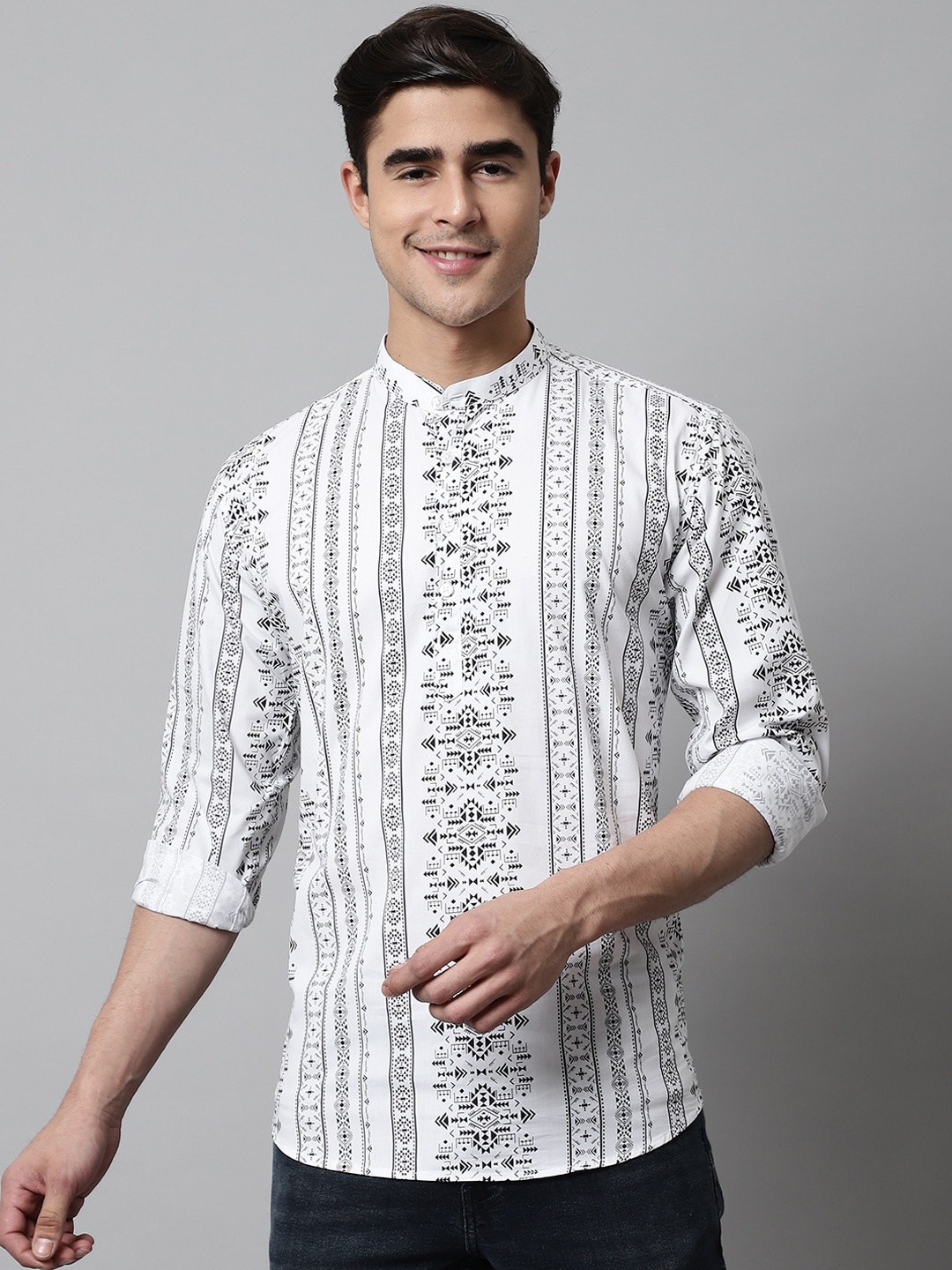 

Majestic Man Geometric Printed Pure Cotton Short Kurta, White