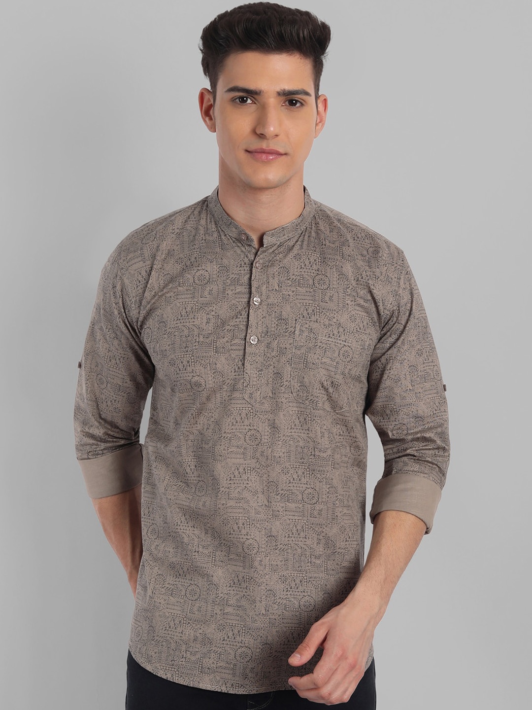 

Majestic Man Geometric Printed Pure Cotton Kurta, Brown