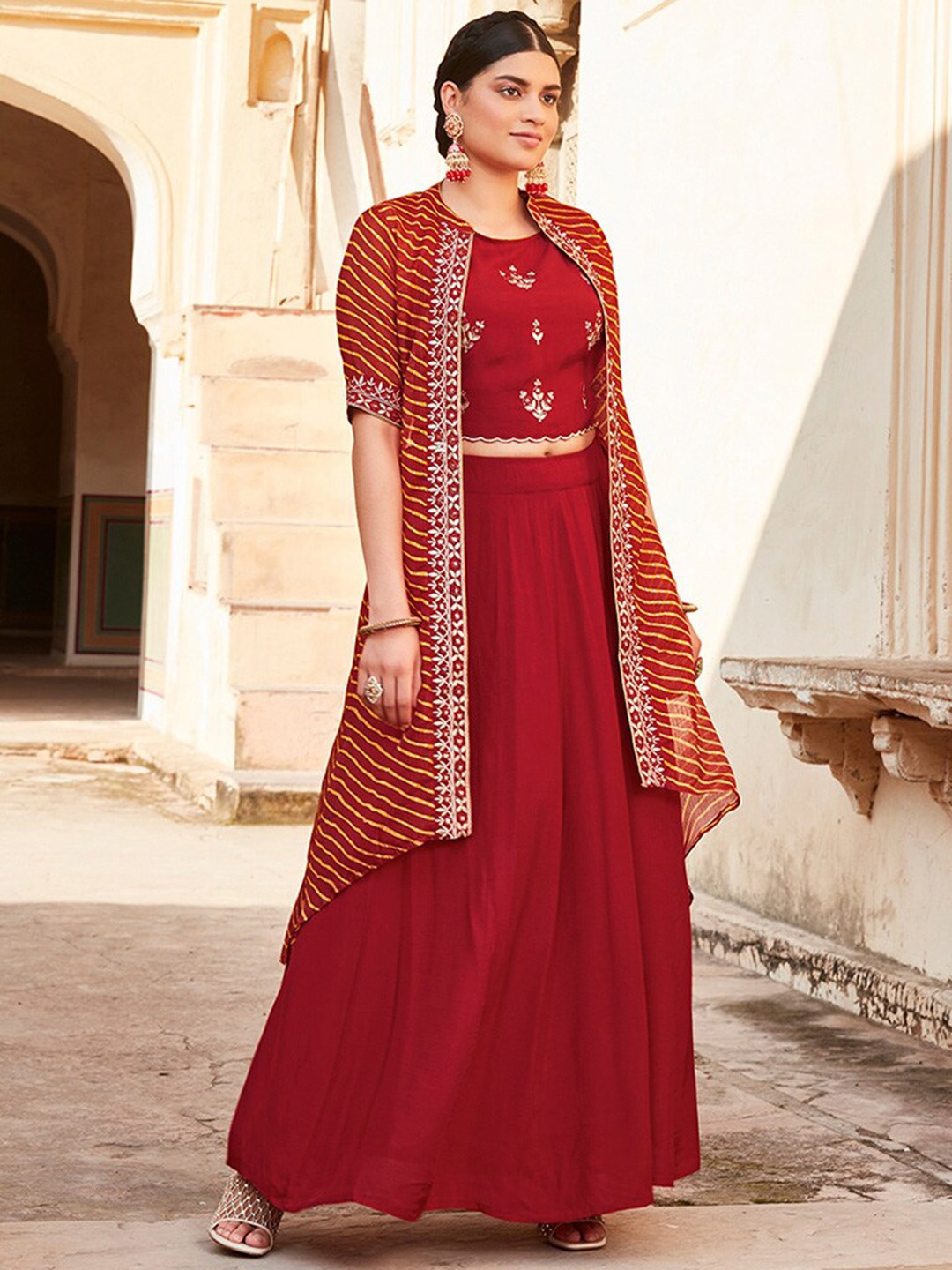

Jaipur Kurti Embroidered Top & Skirt With Printed Shrug, Red