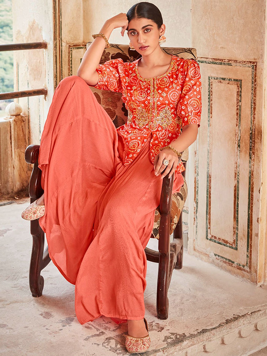 

Jaipur Kurti Printed Peplum Top With Flared Divider Co-Ords, Orange