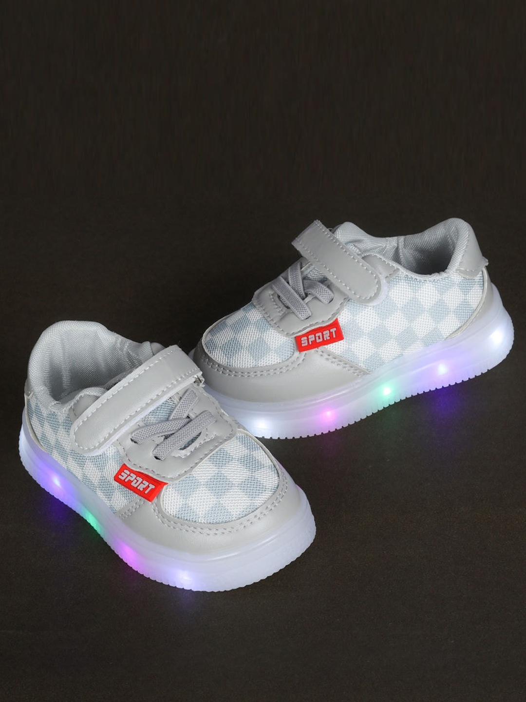 

FEETWELL SHOES Kids Checked LED Velcro Sneakers, Grey