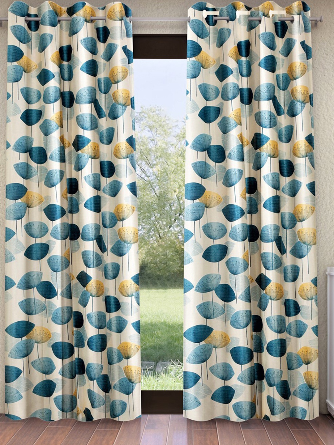 

Home Sizzler White & Blue 2 Pieces Abstract Printed Window Curtains