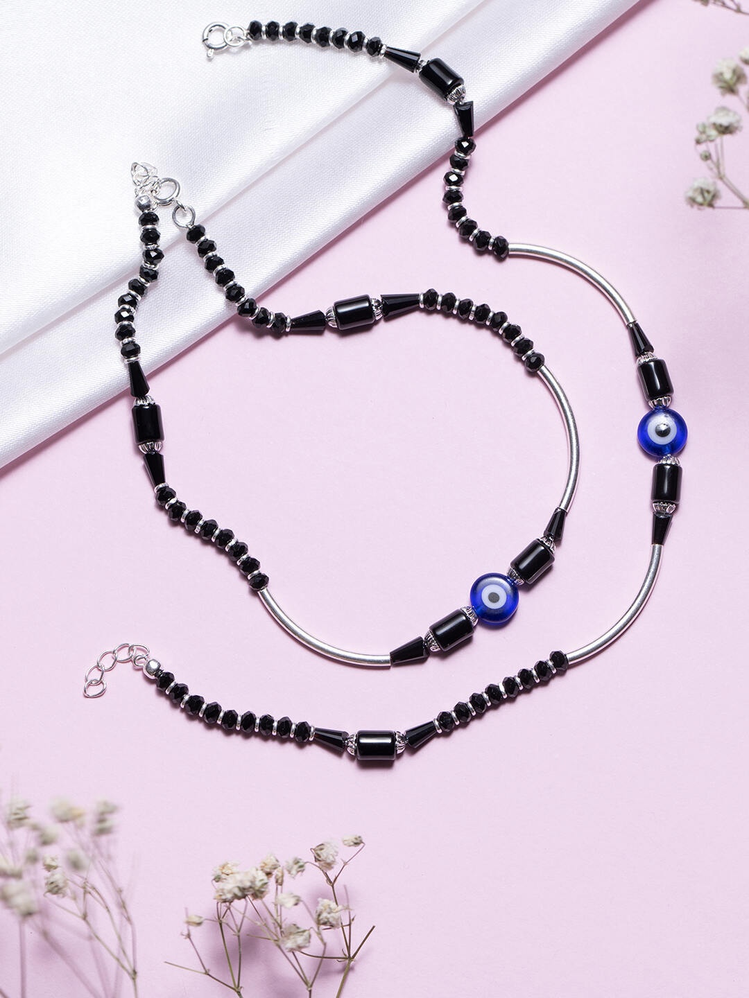 

Zavya Women Set of 2 Silver-Plated Artificial Beads & Stones Sterling Silver Anklets