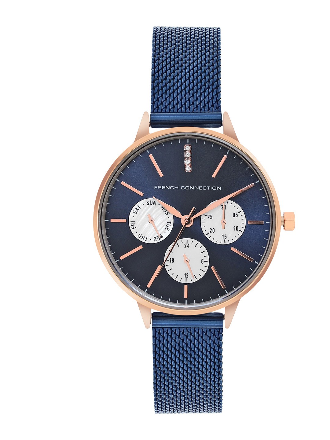 

French Connection Women Embellished Dial & Stainless Steel Textured Straps Analogue Watch FC150UM, Blue