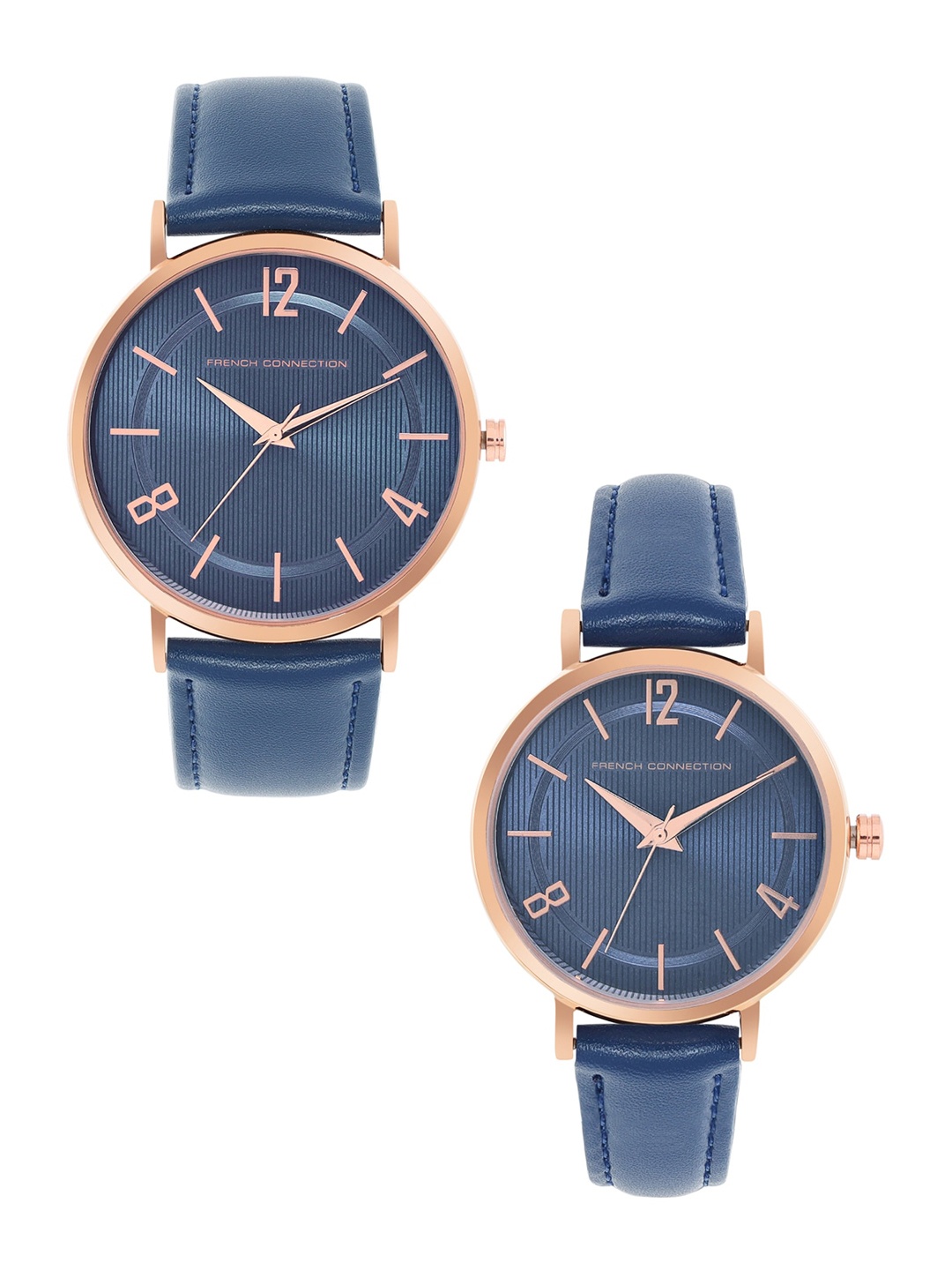 

French Connection Patterned Dial & Leather Straps His & Her Analogue Watch FCN00039A, Navy blue