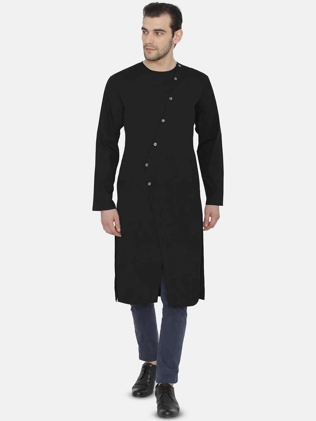 

Raas Pure Cotton Angrakha Kurta, Black