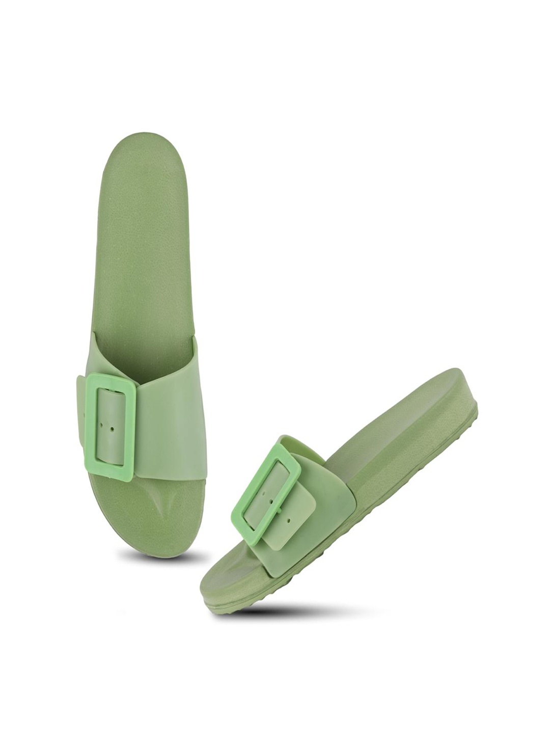 

BEONZA Women Buckle Detail Sliders, Green