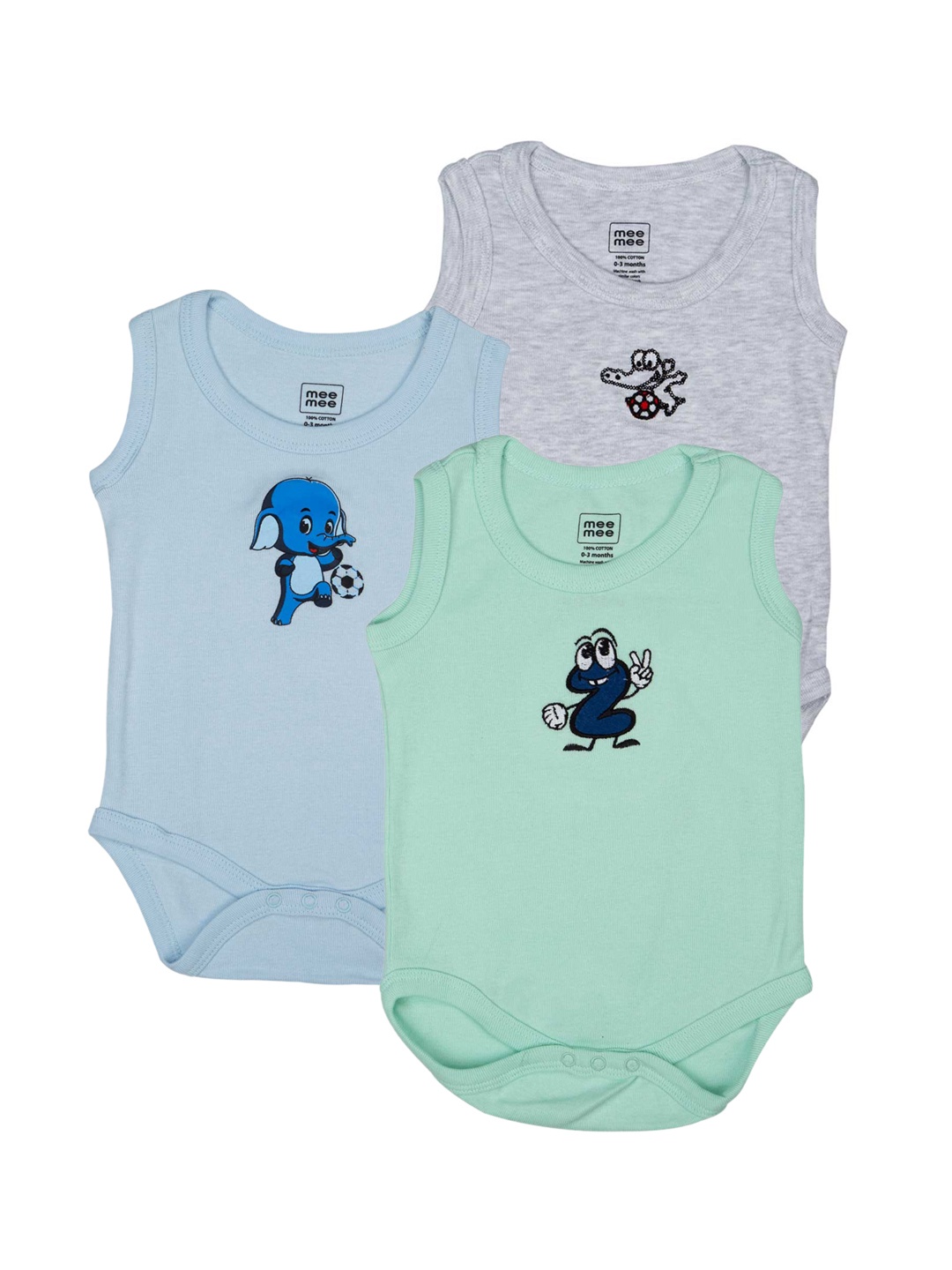

MeeMee Infants Pack Of 3 Printed Cotton Rompers, Blue