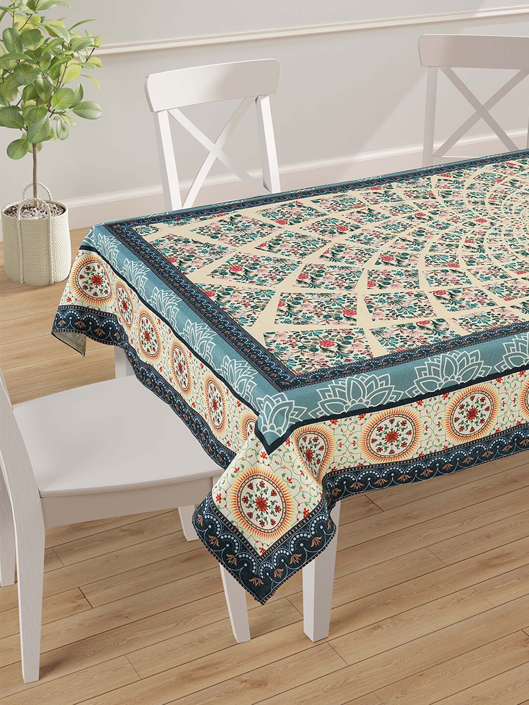 

SWAYAM White & Blue Printed 4-Seater Table Cover