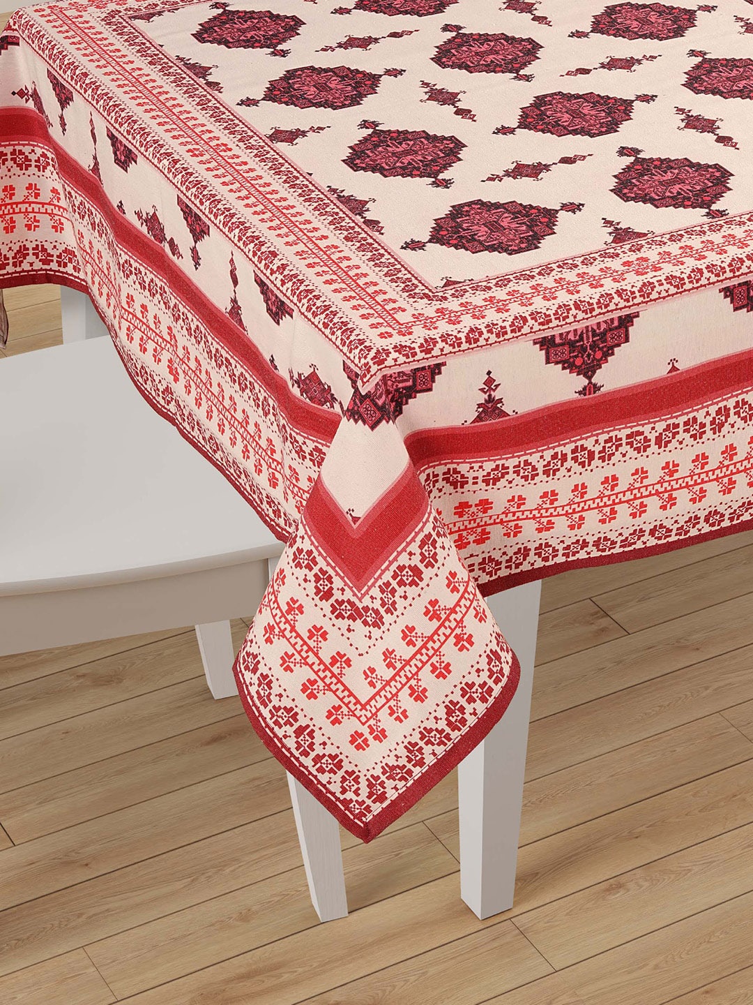 

SWAYAM White & Red Ethnic Motifs Printed 6-Seater Table Cover