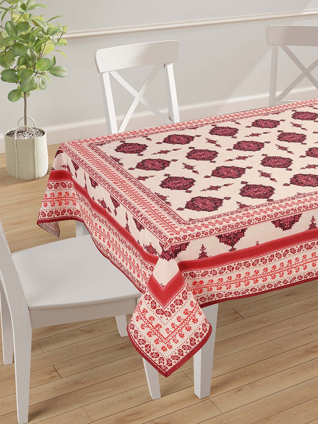 

SWAYAM Beige & Red Printed 4-Seater Table Cover