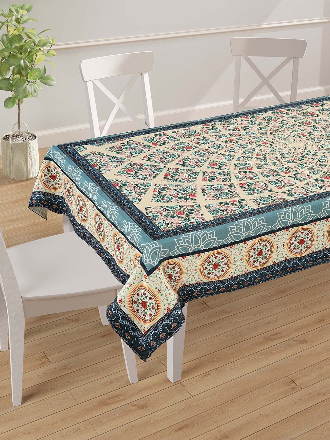 

SWAYAM White & Blue Printed 6-Seater Table Cover