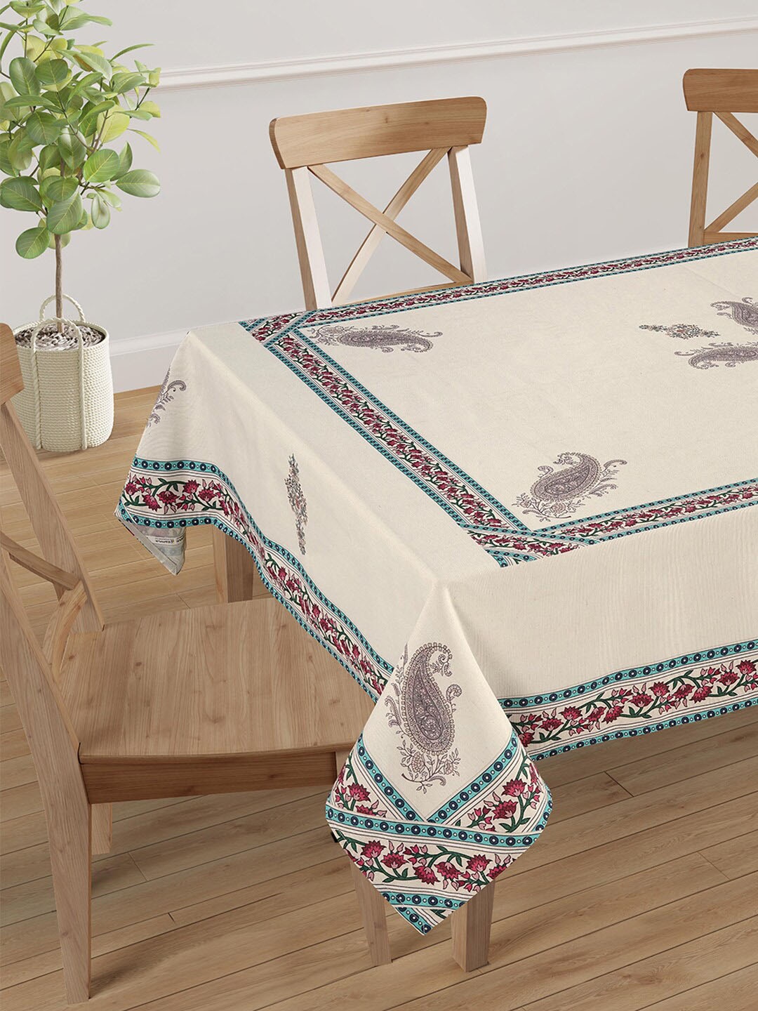 

SWAYAM White & Red Printed 4-Seater Table Cover