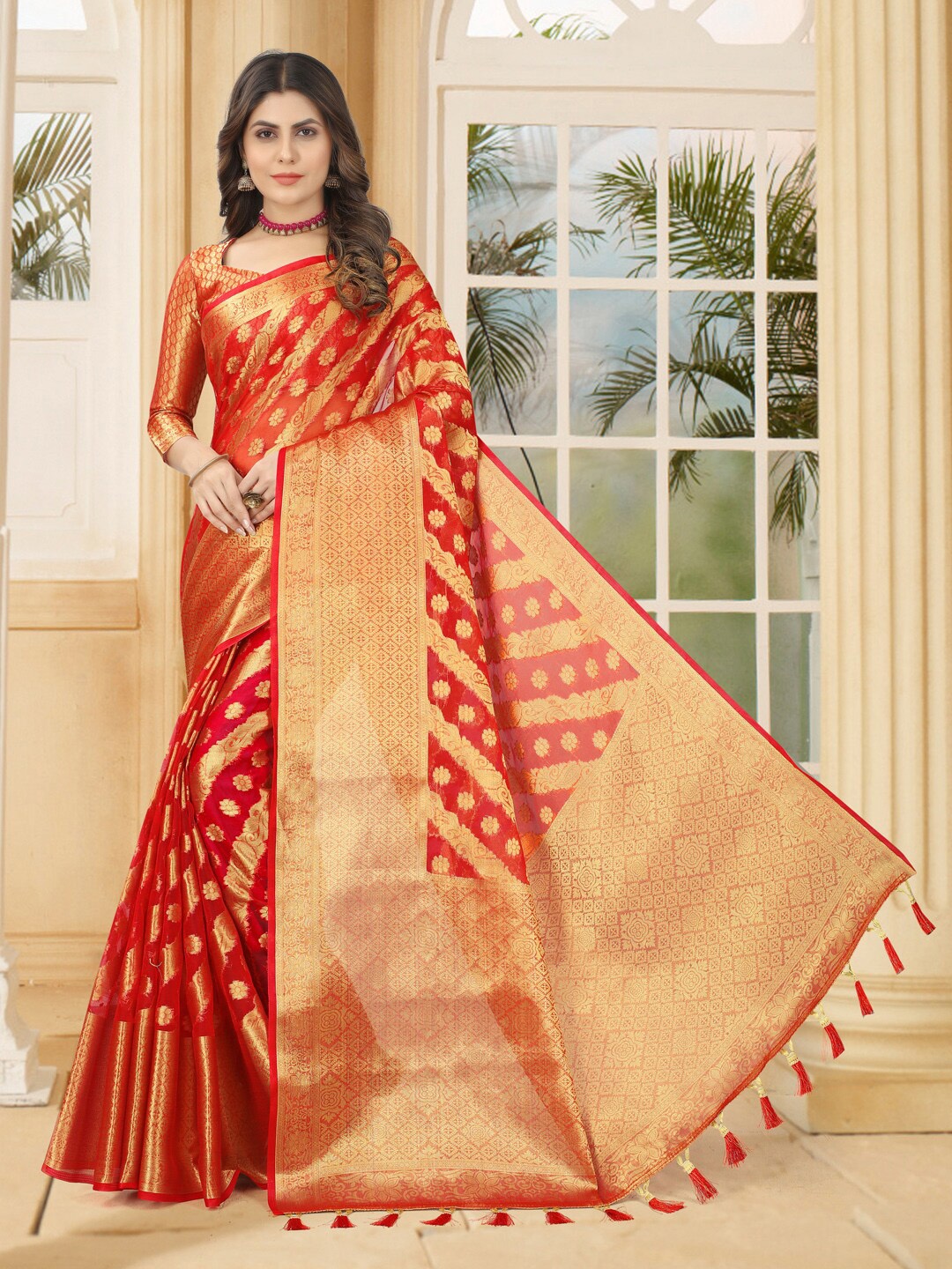 

PERFECT WEAR Floral Woven Design Zari Organza Banarasi Saree, Red