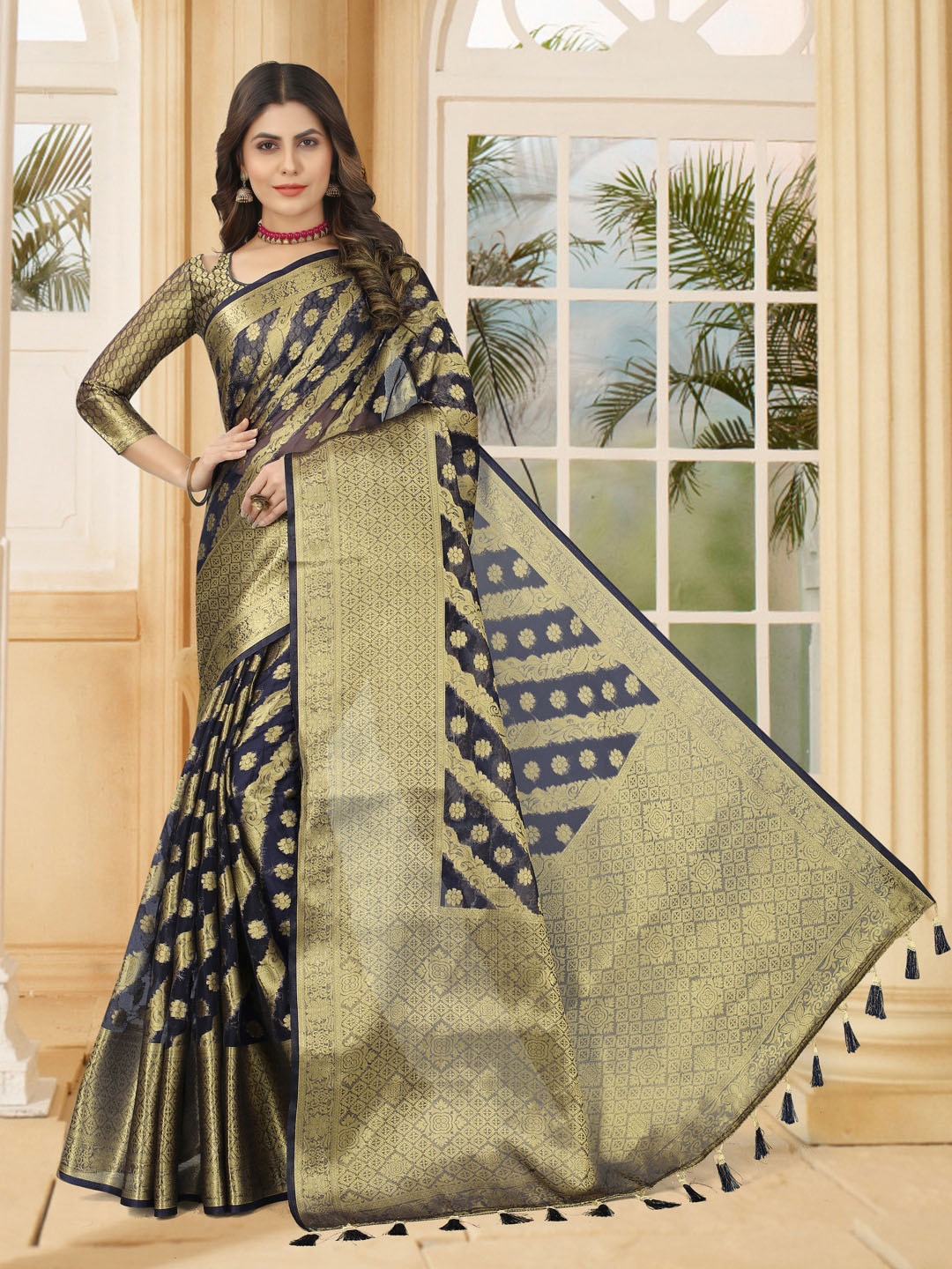 

PERFECT WEAR Floral Woven Design Zari Organza Banarasi Saree, Navy blue