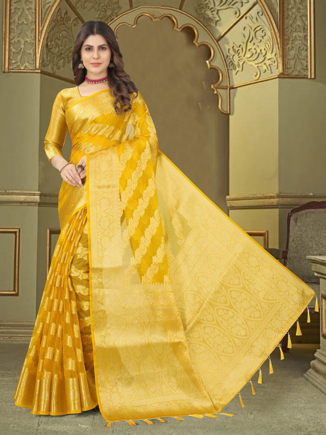 

PERFECT WEAR Floral Woven Design Zari Organza Banarasi Saree, Yellow