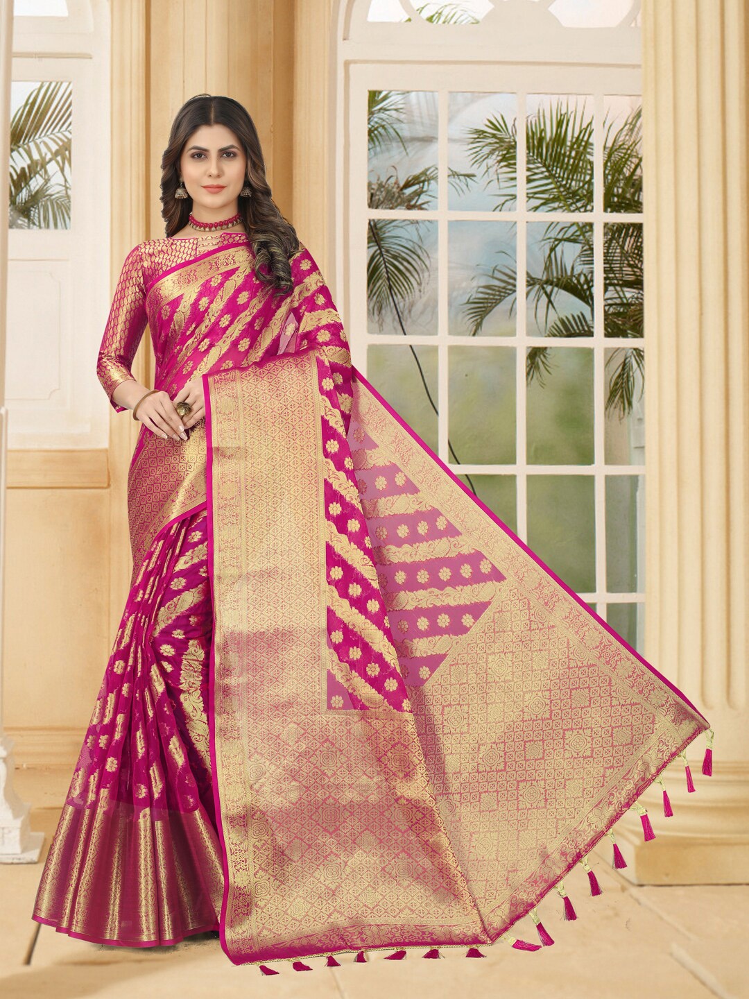 

PERFECT WEAR Floral Woven Design Zari Organza Banarasi Saree, Pink