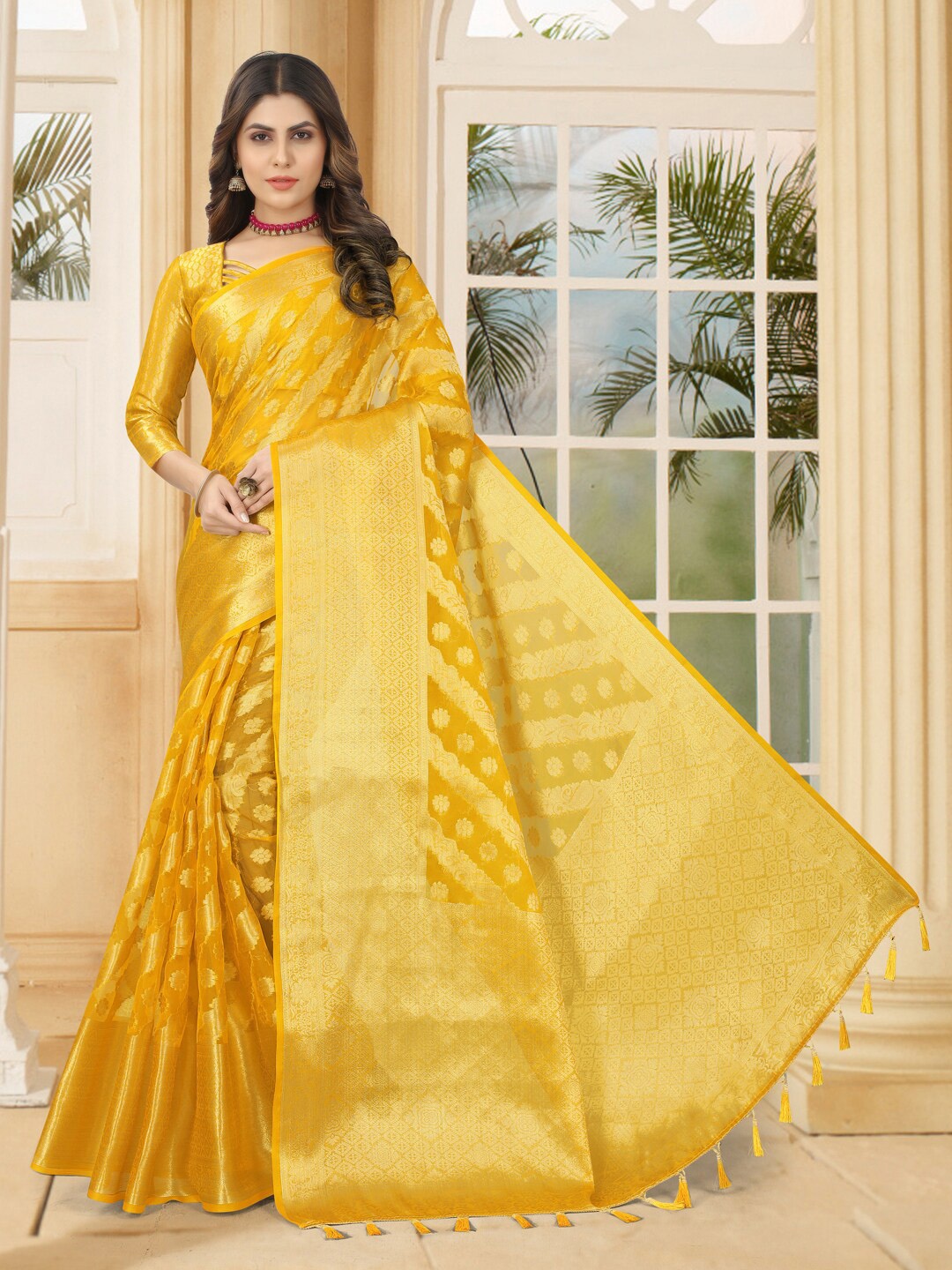 

PERFECT WEAR Floral Woven Design Zari Organza Banarasi Saree, Yellow
