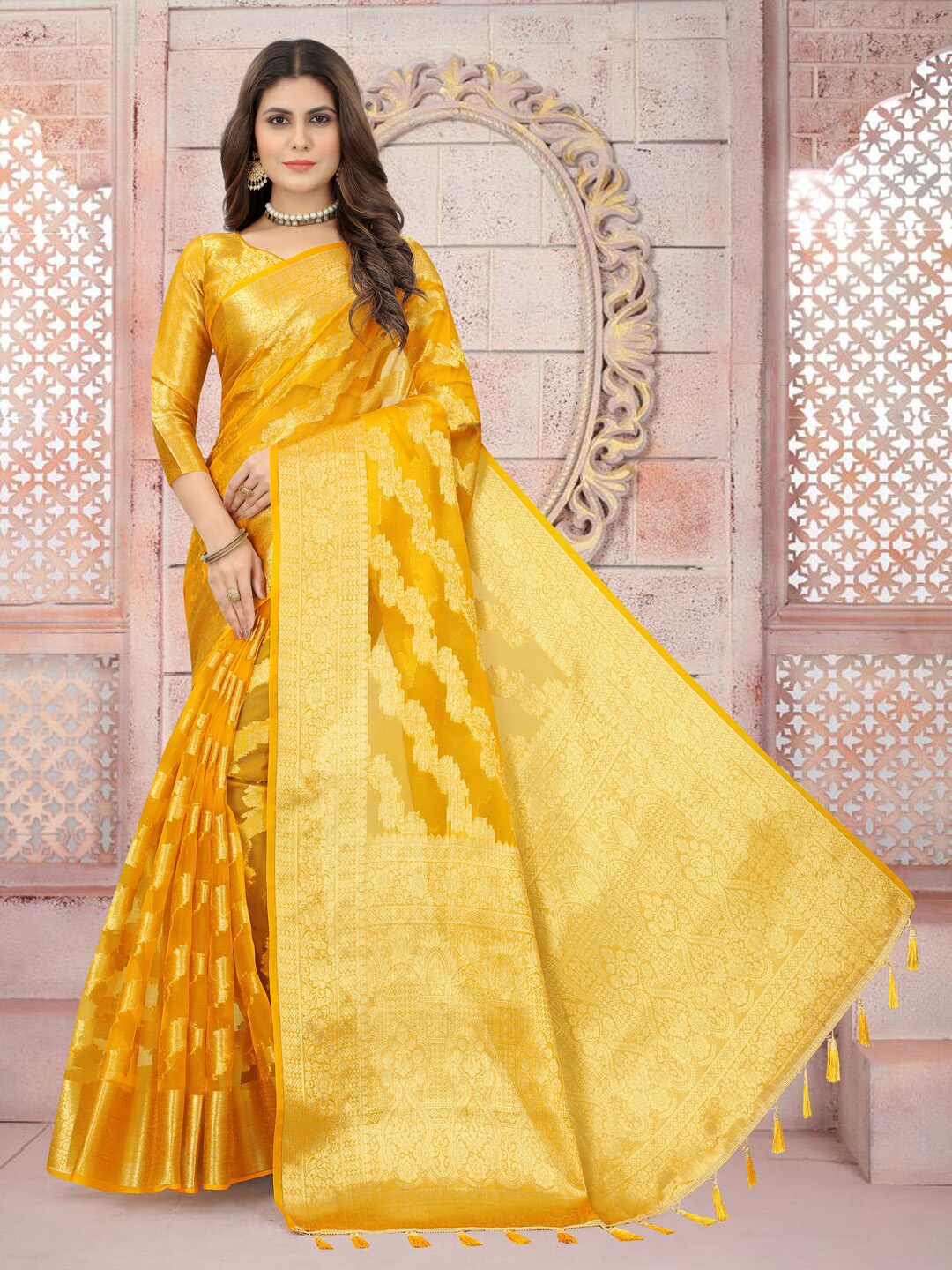 

PERFECT WEAR Floral Woven Design Zari Organza Banarasi Saree, Yellow