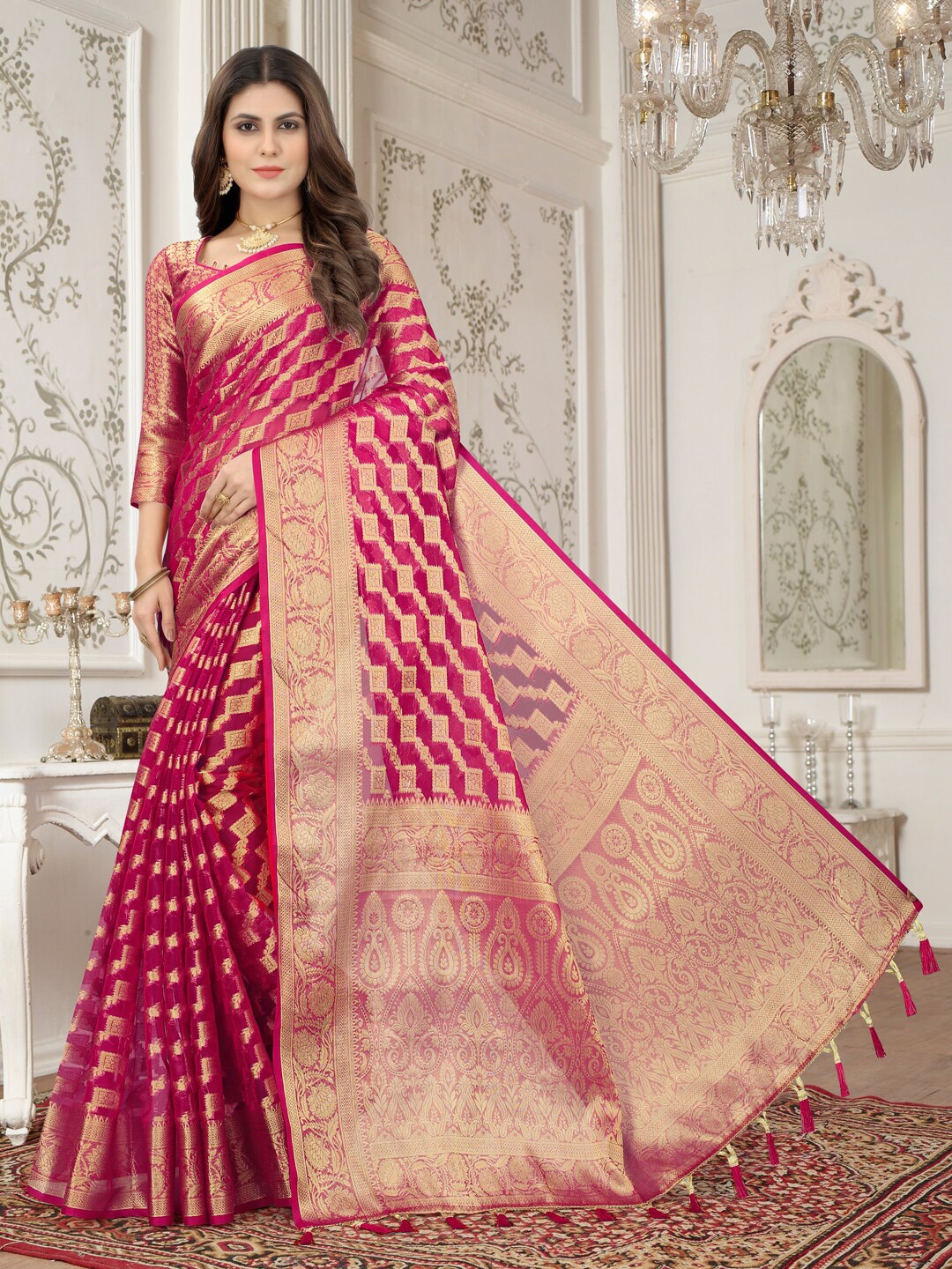 

PERFECT WEAR Floral Woven Design Zari Organza Banarasi Saree, Pink