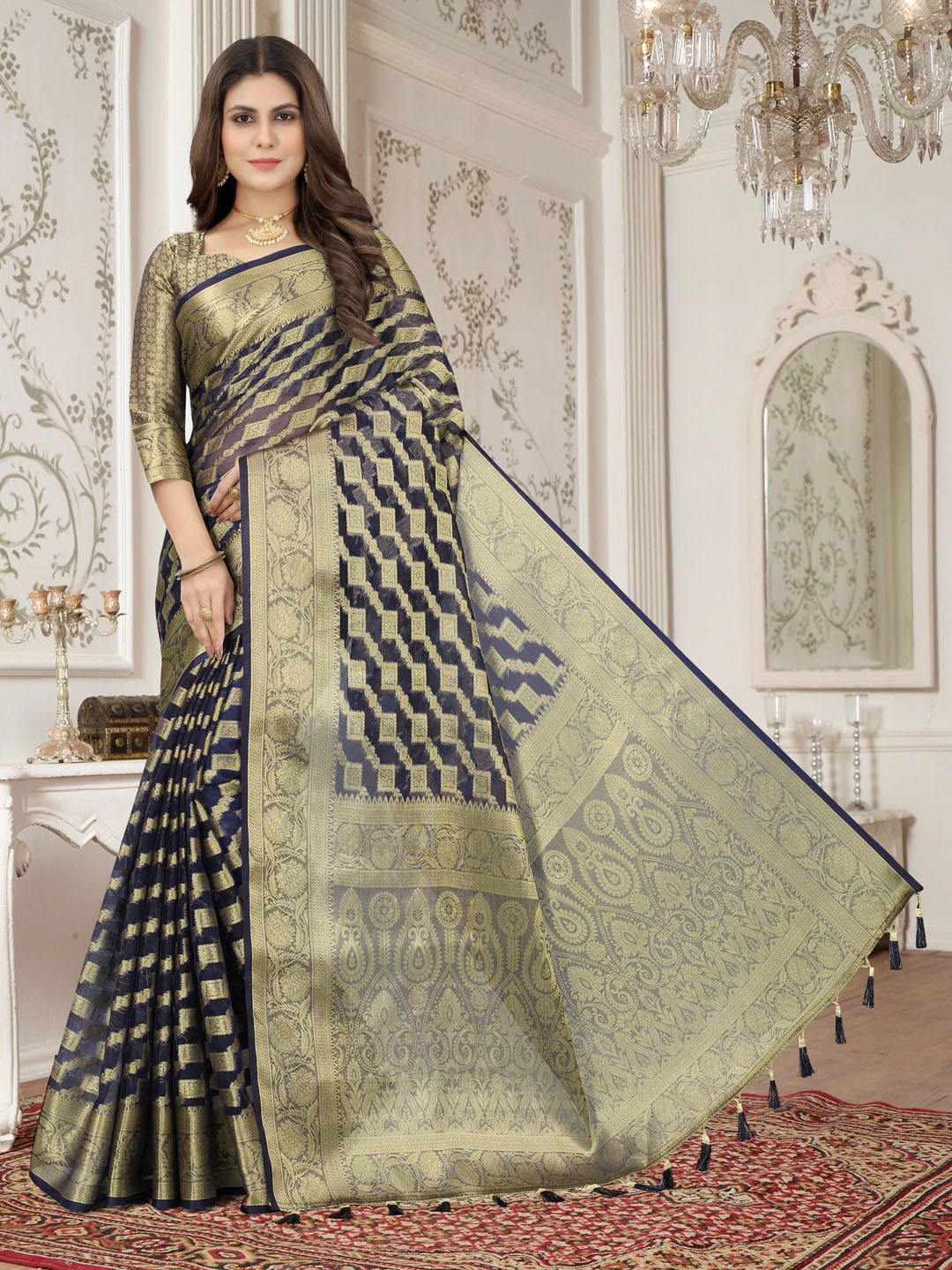 

PERFECT WEAR Floral Woven Design Zari Organza Banarasi Saree, Navy blue