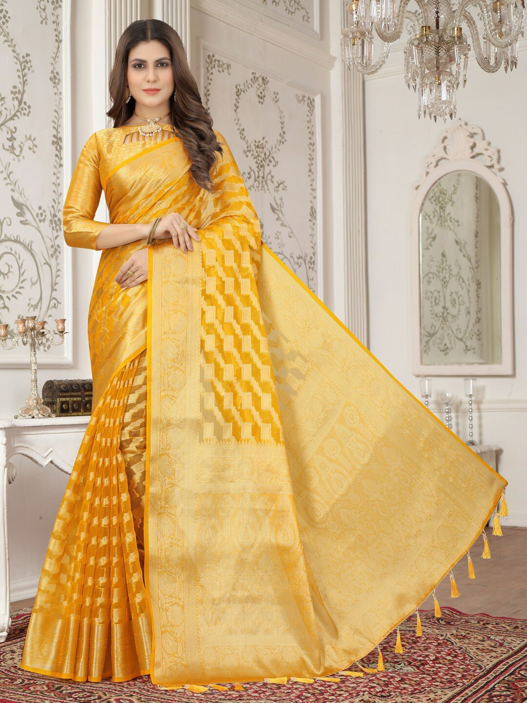 

PERFECT WEAR Floral Woven Design Zari Organza Banarasi Saree, Yellow