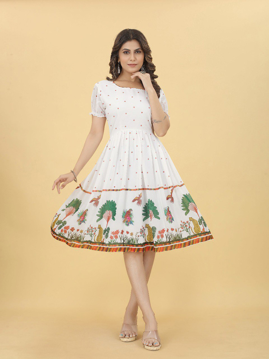 

MARGI DESIGNERS White Floral Print Georgette Fit & Flare Midi Dress