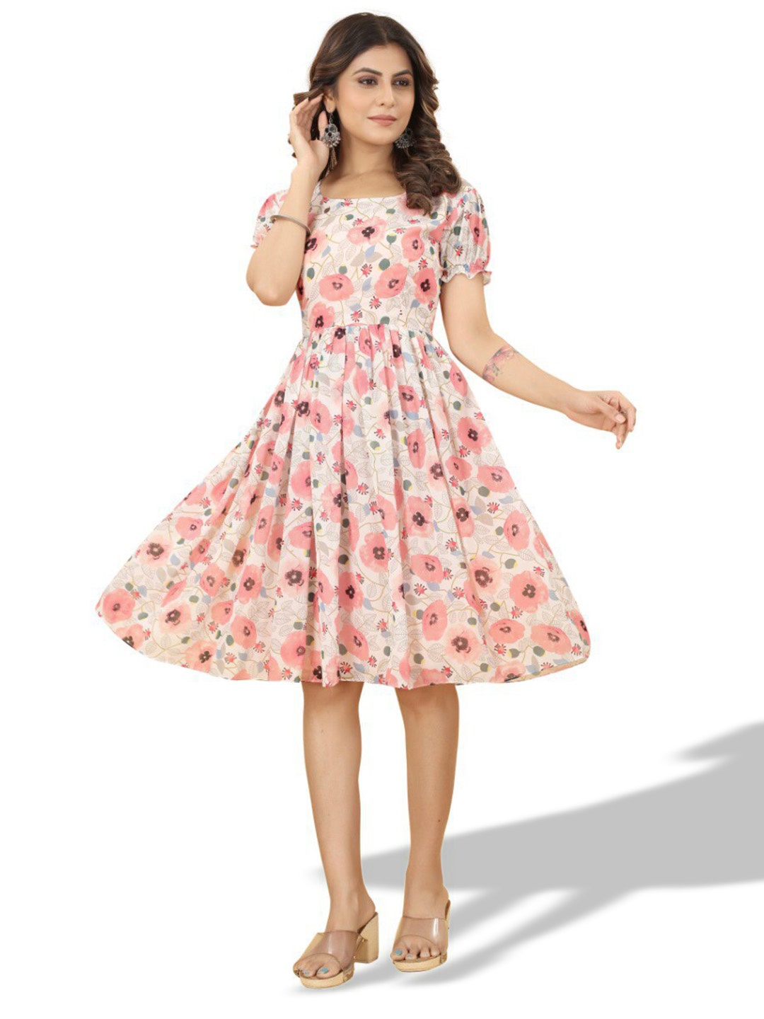 

MARGI DESIGNERS Beige Floral Print Georgette Fit & Flare Dress