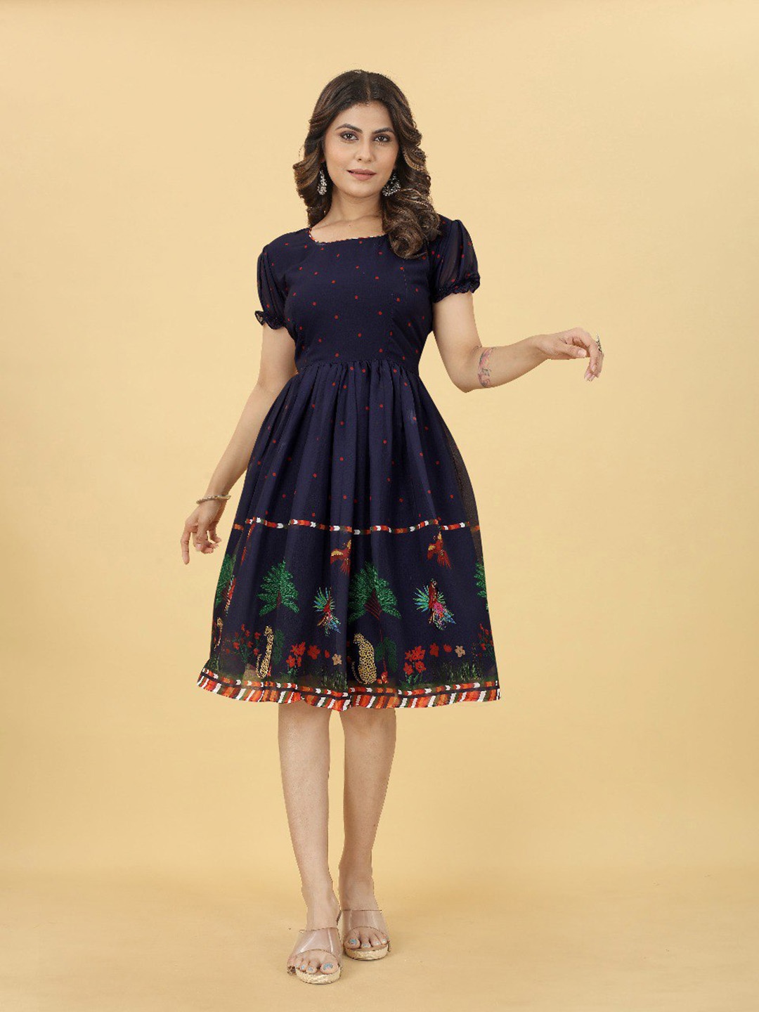 

MARGI DESIGNERS Navy Blue Floral Puff Sleeve Georgette Empire Dress